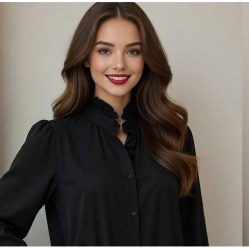 NWT Chicos Ruffle Neck Drama Tunic Poplin ALine Top‎ SZ 3 XL Black Long Sleeve